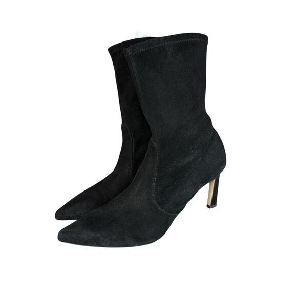 Stuart Weitzman Black Suede Sock Ankle Boots Pointed Toe Size 10M Heels - Picture 8 of 13